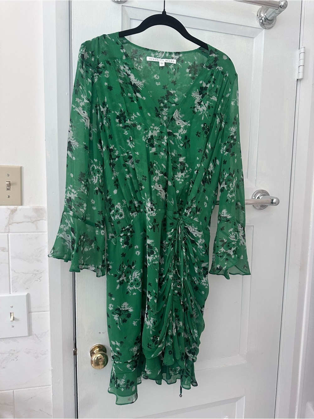 Veronica Beard Green Floral Ruched Wrap-Style Long Sleeve Dress